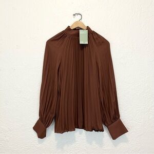H&M Blouse Top Pleated Long Sleeve Brown Small S